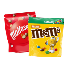 M&M’s maxi zak à 340/400 gram
of Maltesers zak à 273 gram